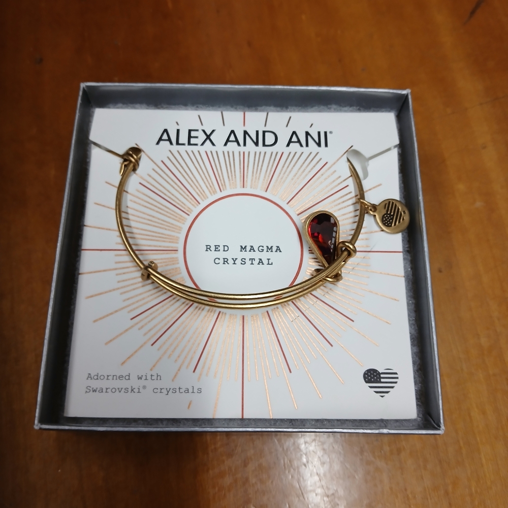 Alex and Ani Golden Bangle with Red Heart Crystal Charm Bracelet